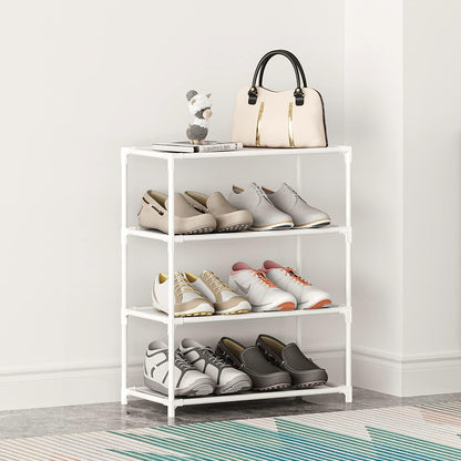 Small Shoe Rack 6-8 Pairs Sturdy Shoe Shelf 4-Tiers Narrow Stackable Shoe Organizer,Lightweight Kids Shoe Racks for Entryway, Doorway and Closet（Black）
