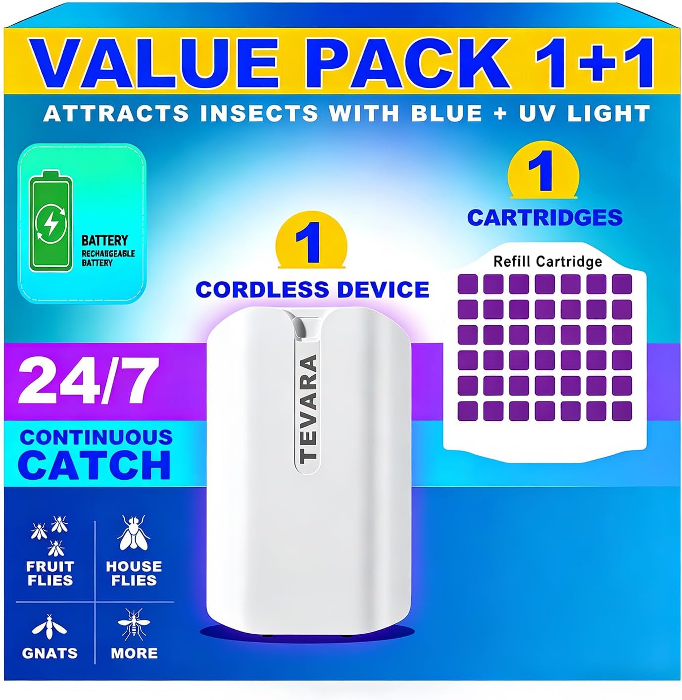 TEVARA Cordless Flying Insect Trap Refills, 5 Cartridges, Original Super Sticky Cards, High Efficiently Stick Fruit Flies, Gnats, Moths and Houseflies (10 Cartridges)