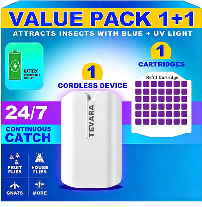 TEVARA Cordless Flying Insect Trap Refills, 5 Cartridges, Original Super Sticky Cards, High Efficiently Stick Fruit Flies, Gnats, Moths and Houseflies (10 Cartridges)