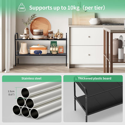 Expandable 2-Tier Under Sink Organizer, 8 Removable Plastic Boards, Tool-Free Installation (Black, 2-Tier 8 Boards)