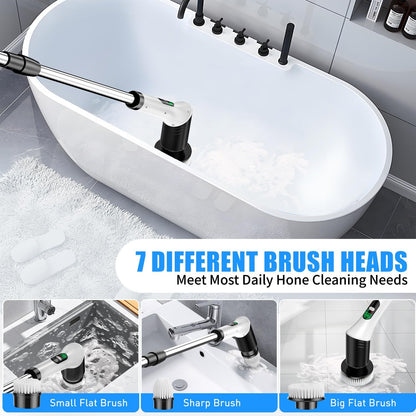 Electric Spin Scrubber, Cordless Power Cleaning Brush with 7 Replaceable Heads, Adjustable Long Handle, & LCD Display, IPX7 Waterproof Shower Scrubber for Bathroom, Tub, Tile, Kitchen & Car