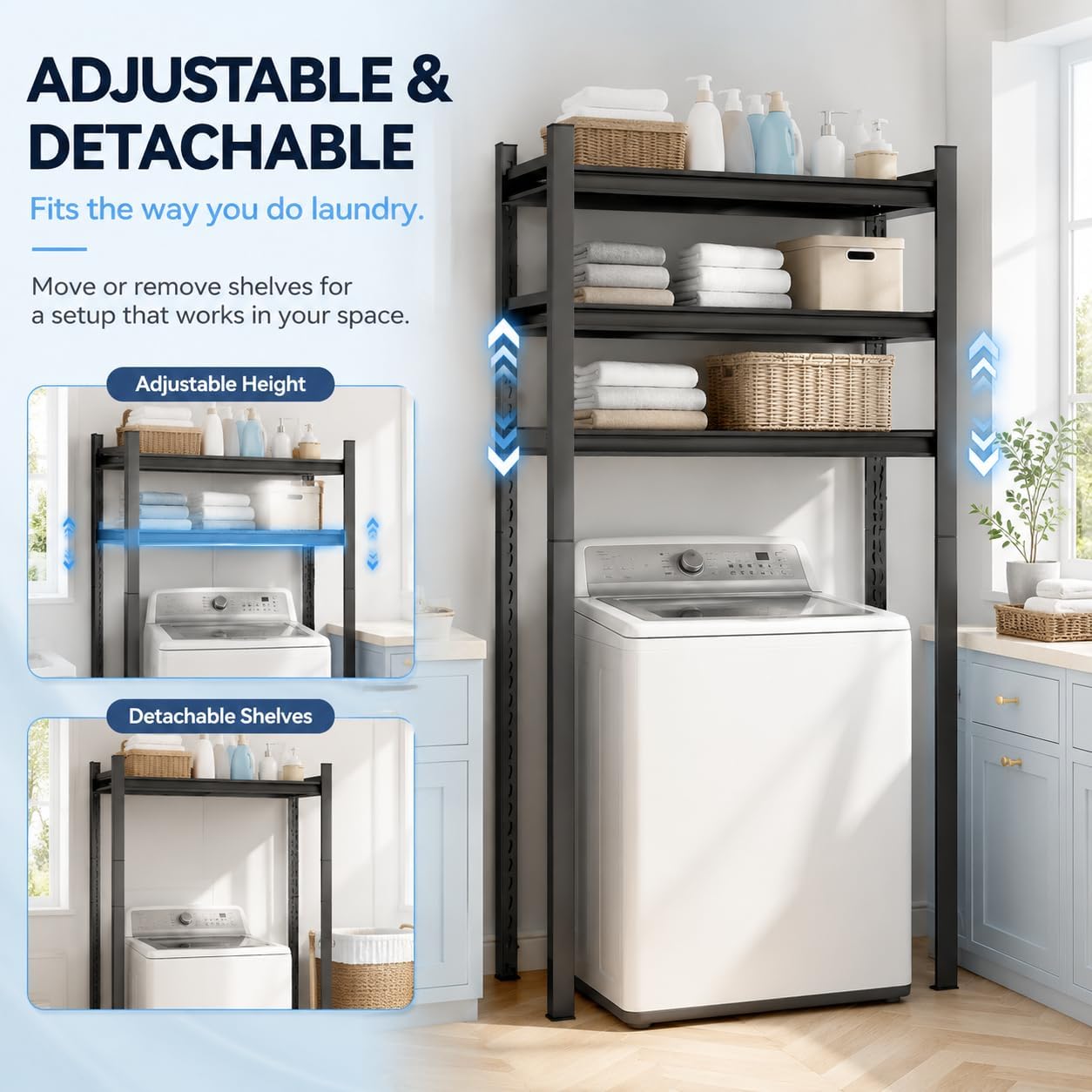 Over Washer and Dryer Shelves, Adjustable 2 Tier Metal Laundry Room Organizer and Storage Rack, Heavy Duty Utility Shelving Unit, 14"Wx 12"Dx 22"H Rust Resistant Steel Freestanding Shelf, Black