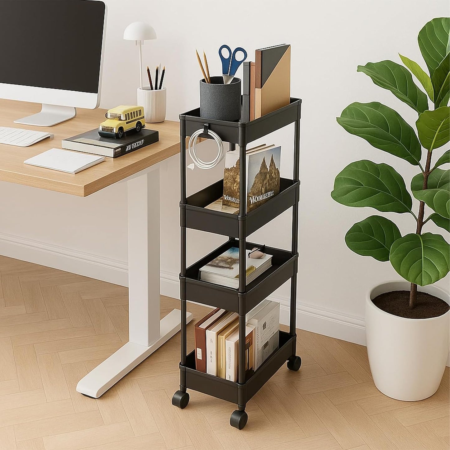 ShellKingdom 4 Tier Bathroom Storage Organizer, Slim Rolling Storage Cart for Narrow Space, Mobile Shelving Unit with Lockable Wheels and Hooks for Bathroom, Kitchen, Laundry Movable Shelf (Green)