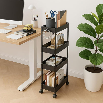 ShellKingdom 4 Tier Bathroom Storage Organizer, Slim Rolling Storage Cart for Narrow Space, Mobile Shelving Unit with Lockable Wheels and Hooks for Bathroom, Kitchen, Laundry Movable Shelf (Green)