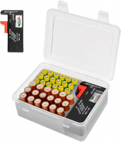 ALCYON Battery Organizer Storage Box with Test, Garage Case Holder for 18* AA, 18* AAA Batteries (Bag Not Include Batteries Pack)-White