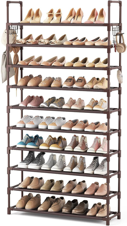VTRIN 10 Tiers Tall Shoe Rack Holds 20-25 Pairs of Shoes Sturdy Vertical Shoe Organizer with 18pcs Hooks Stackable Narrow Shoe Rack for Closet, Entryway Black