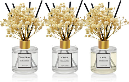 Reed Diffuser Set of 3 Pack,Clean Linen,Eucalyptus & Mint,Ocean Scented Oil Diffuser with 4 Sticks,Reed Diffusers for Home,Living Room,Bathroom Air Freshener Diffuser,50ml x 3