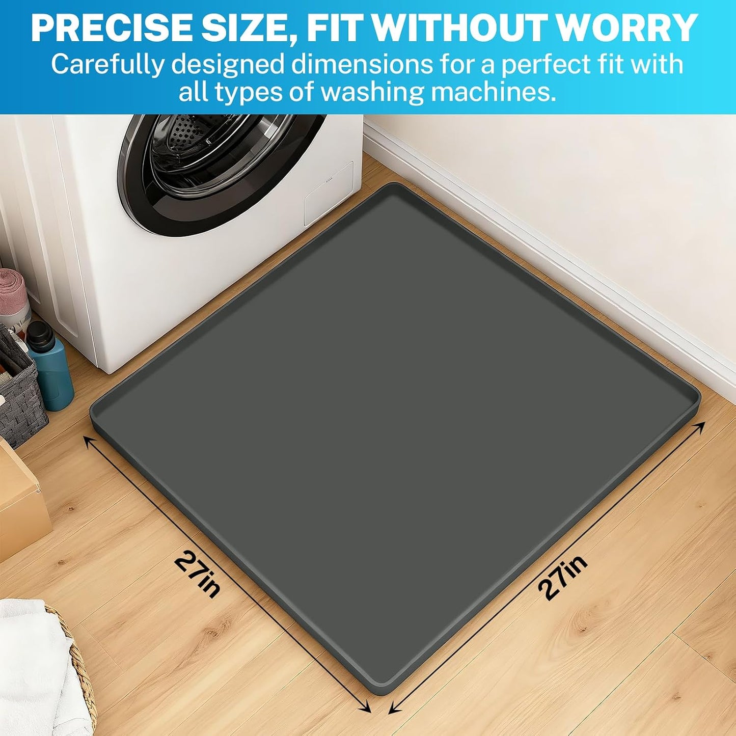 27" X 27" Washer Tray for Floor Protection, Washing Machine Drain Pan Silicone Mat with 4Pcs Anti Vibration Pads for Dryer, Washer, Refrigerator