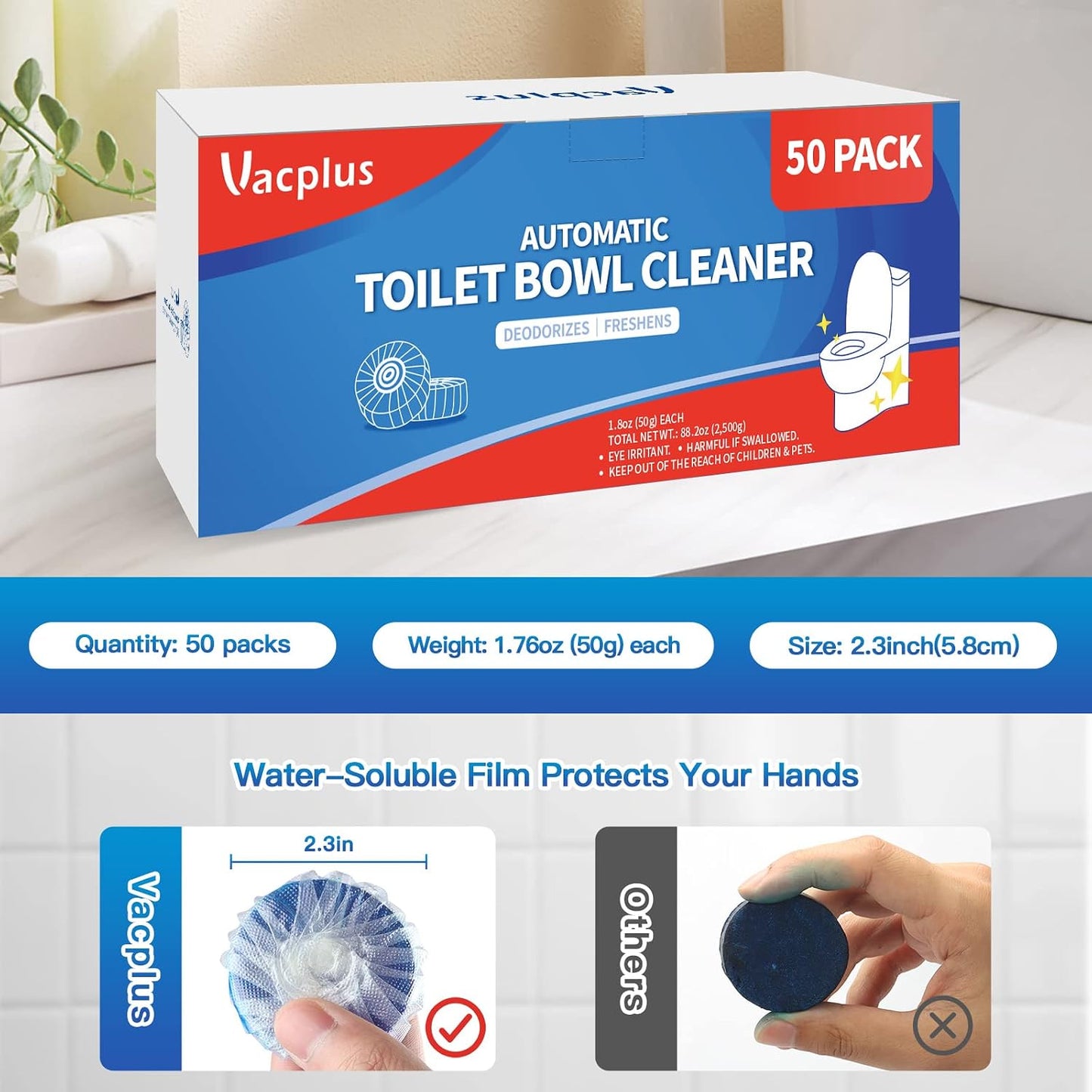 Vacplus Automatic Toilet Bowl Cleaner Tablets, Drop-In Tank Cleaner for Bathroom, Prevent Stains & Deodorize, Long-Lasting Cleaning Tabs, Easy-Use Freshener for Bowl & Tank, 12 Pack