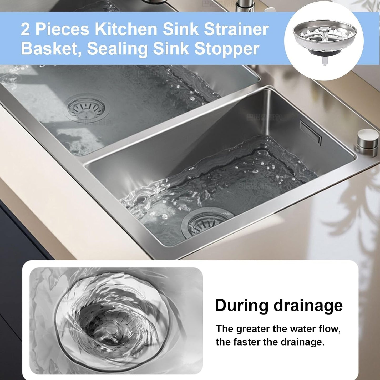 2pcs Kitchen Sink Drain Basket, 3 1/4 '' 304 Stainless Steel Drainage Filtration Basket with Handle for Kitchen Sink Strainer Replacement
