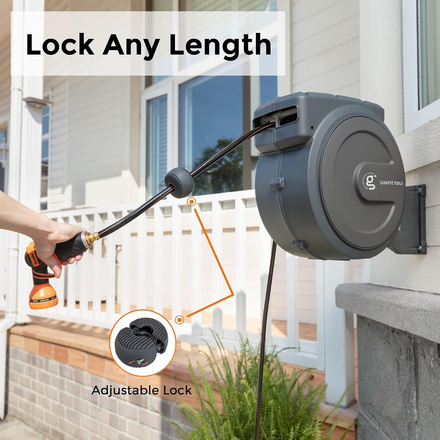 Giraffe Tools Retractable Garden Hose Reel 1/2 Inch x 130 ft, Super Heavy Duty, Any Length Lock, Slow Return System, Wall Mounted and 180 Deg Swivel Bracket
