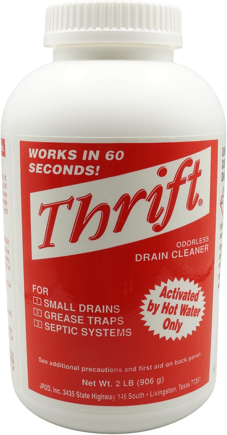 Thrift T-200 Drain Cleaner – 2 lb Odorless Drain Opener – Activated by Hot Water – For Small Drains, Grease Traps & Septic Systems