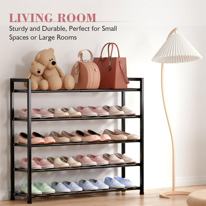 Bumusty 3-Tier Expandable Shoe Rack for Closet, 18“-33” Adjustable Shoe Rack for Small Space, Small Shoe Organizer for Front Door, Sturdy Metal, Black