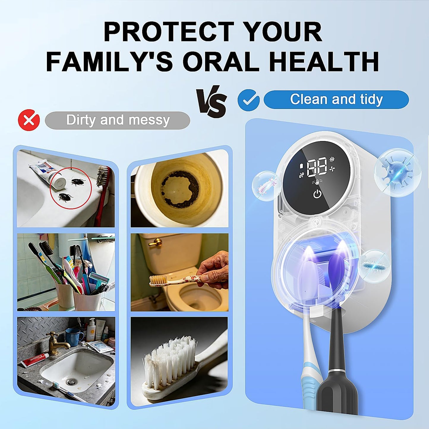 Toothbrush Holder and Cleaner Razor Holder/Dryer Light Cleaning and Air Drying Automatic Ratating Cover Rechargeable Wall Mounted for Bathroom Portable for Trip