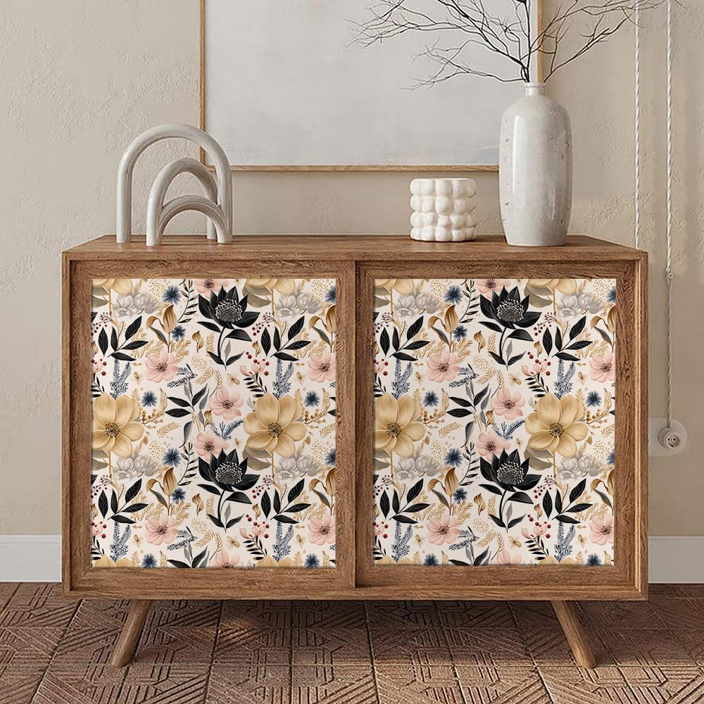 MuralPeel White/Pink/Gold Floral Garden Black Blue Flowers Vintage Peel and Stick Wallpaper Self Adhesive Removable Easy Peel Off Contact Paper Stick on Wall Paper for Bedroom Cabinet Renter Friendly