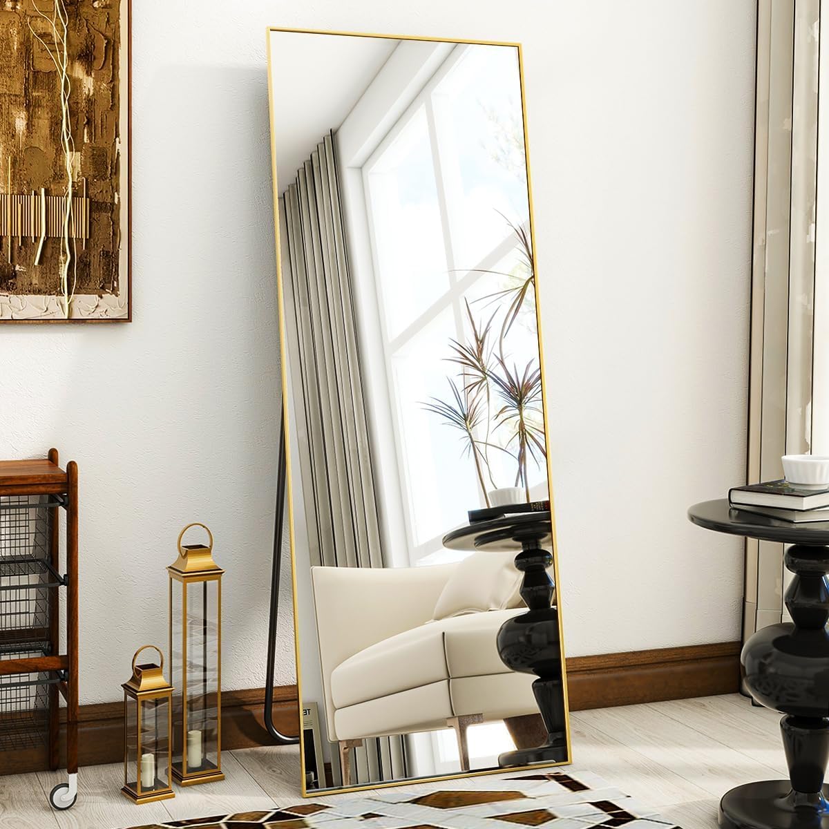 VooBang Mirror Full Length - 21" x 57" Floor Mirror with Stand, Aluminum Alloy Frame Full Body Mirror, Standing Hanging or Leaning Against Wall for Bedroom and Living Room, Black