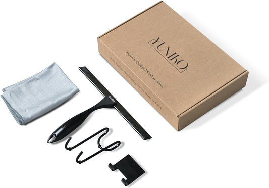 YUNIKO Shower Squeegee – Black Stainless Steel Shower squeegee with Silicone Blade for Shower Doors, Windows, Mirrors, Tiles & Car Windows – Includes 2 Adhesive Hooks, Assembly Tool & Microfiber Cloth