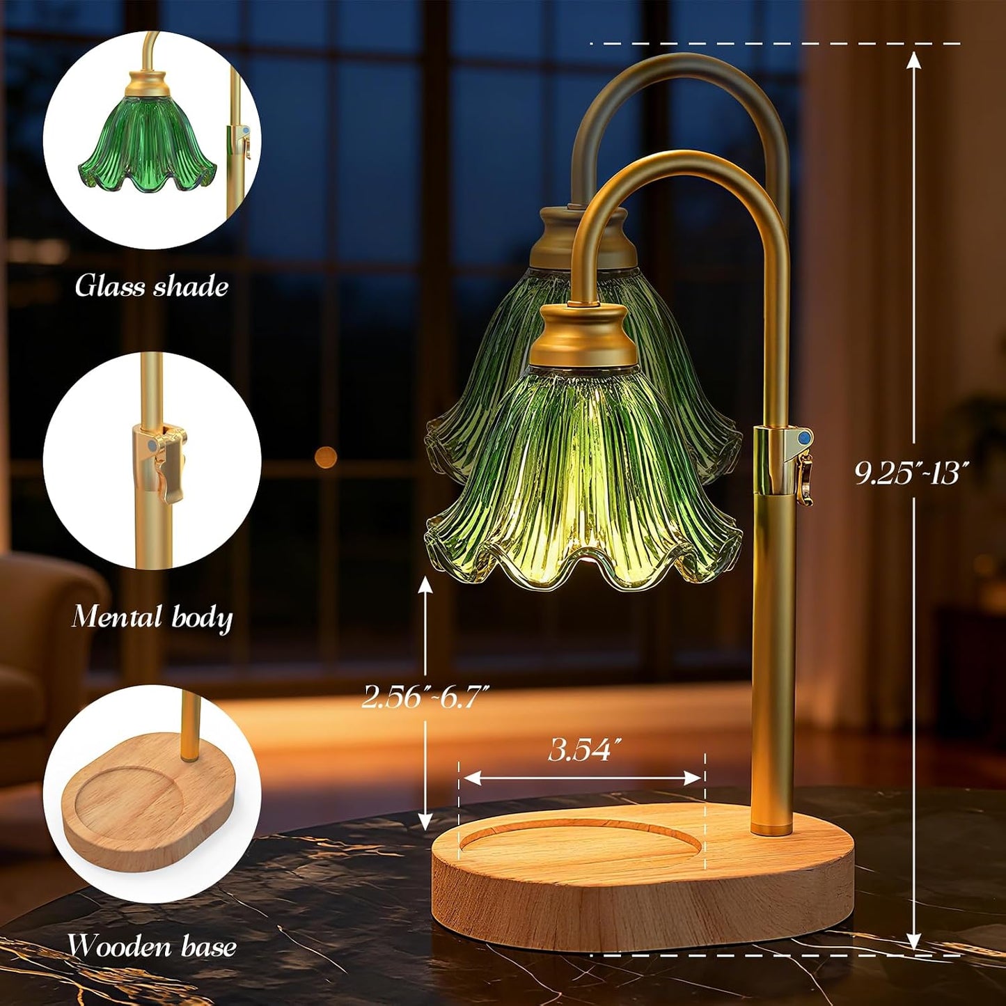 Candle Warmer Lamp with Adjustable Height - Flameless 4-Level Dimmable Wax Warmer, Timer Function & Stylish Design in Multiple Colors (Green)