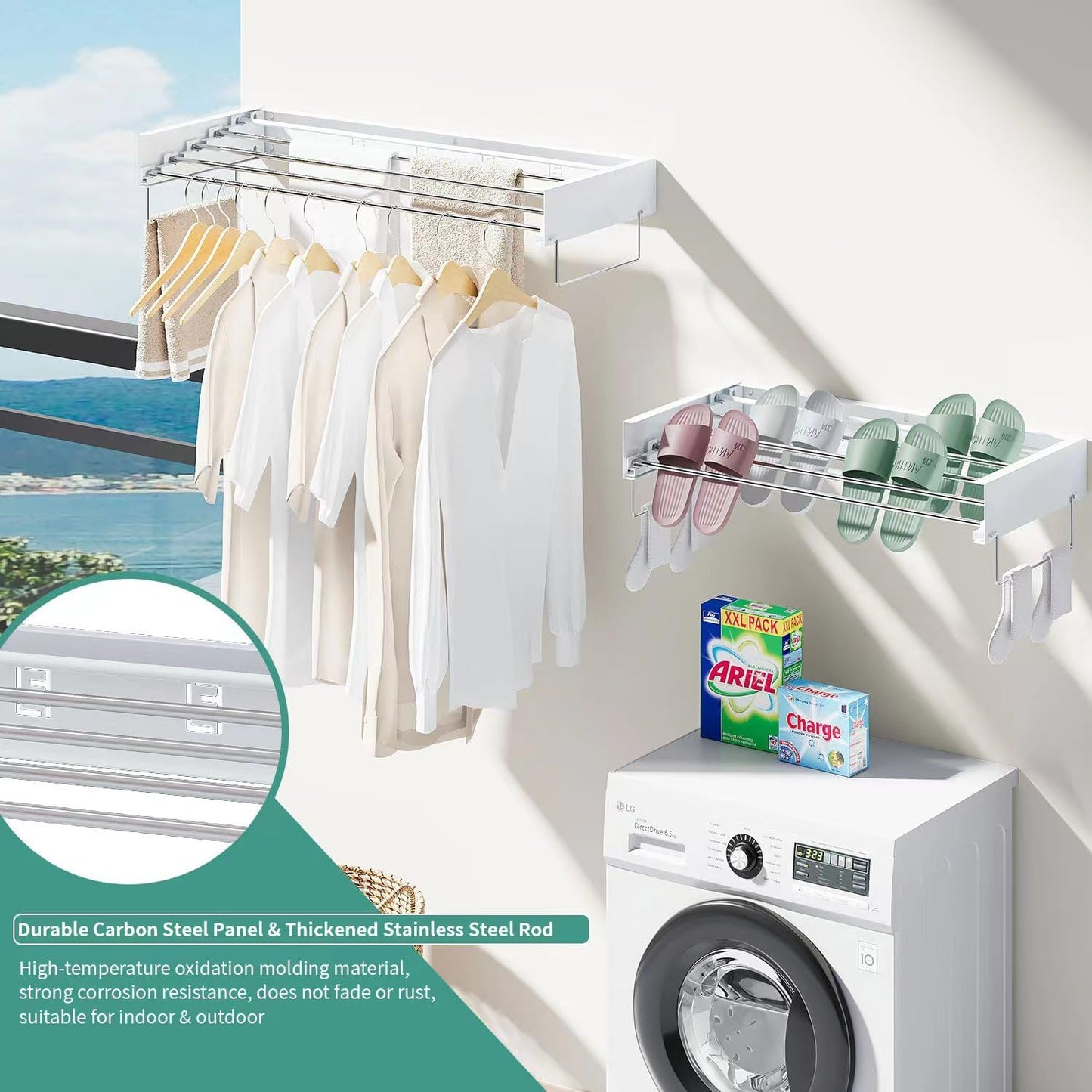 Wall Mounted Laundry Rack, Collapsible Clothes & Towel Drying Rack for Indoor & Outdoor, 40' W x 16.5 L Ft, 60 lb Capacity, White
