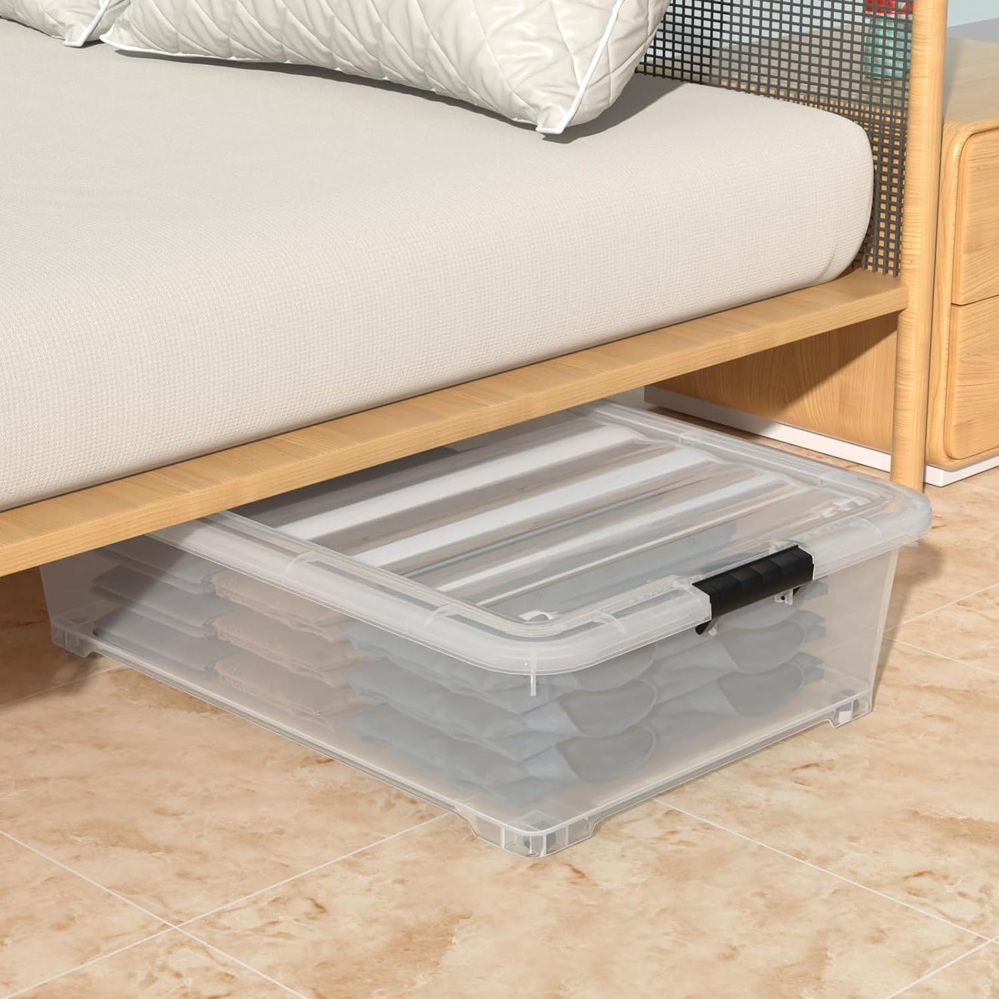 Hespama 3 Pack Plastic Rolling Storage Box Bin for Under the Bed, 20 Quart | Lidded Storage Container Bin, Clear