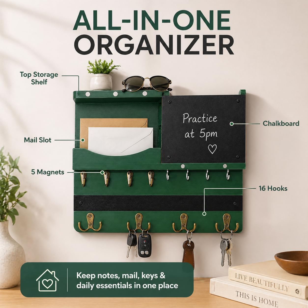 Key Holder for Wall Mount with Shelf and Mail Organizer, Key and Mail Holder with 16 Hooks, Farmhouse Entryway Organizer, Home Decor Rack (Pine Wood, Black)