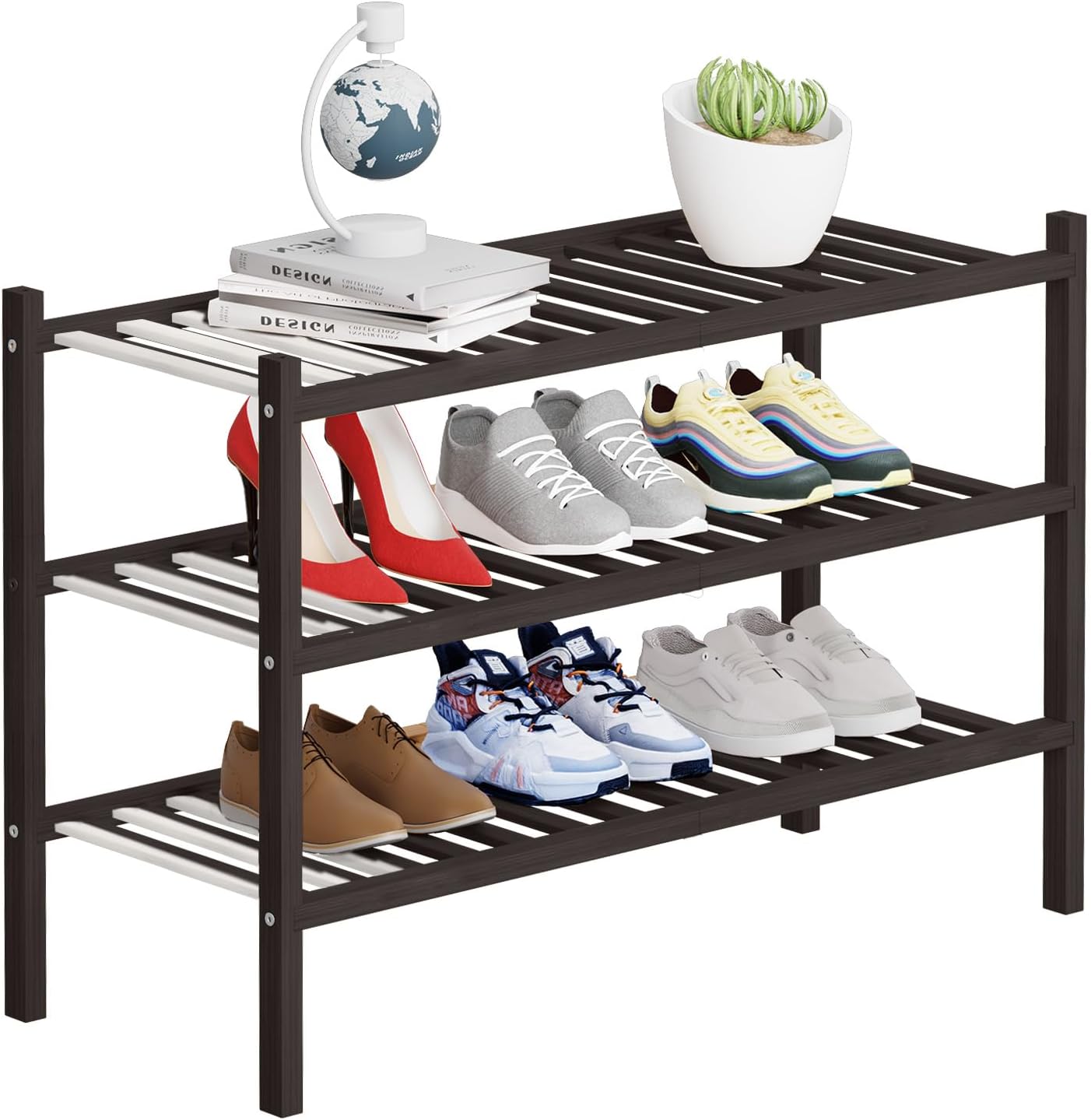 4 Tier Bamboo Shoe Rack Storage Organizer for Closet, Multifunctional Stackable Free Standing Shoe Shelf Organizer for Small Space,Entryway, Hallway, Bathroom27 x11 x26(White, 4 Tier)
