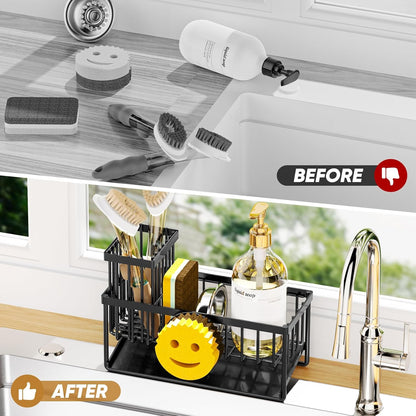 Sponge Holder for Kitchen Sink,Smiley Face Sink Caddy with Removable Brush Holder,Self-Draining Sponge Caddy for Soap,Dish Brush,Scrubber,Kitchen Essentials and Gadgets-Silver