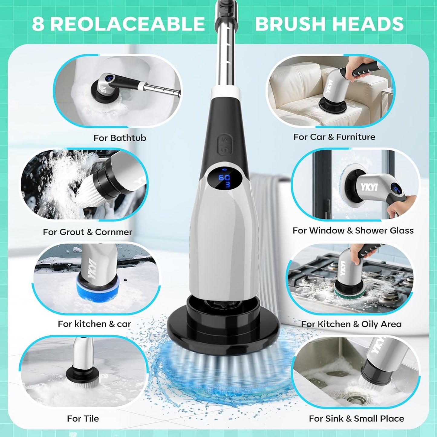 YKYI Cordless Electric Spin Scrubber, Power Cleaning Brush with 8 Replaceable Heads & Extension Handle for Bathroom, Tub, Tile, Floor, Car