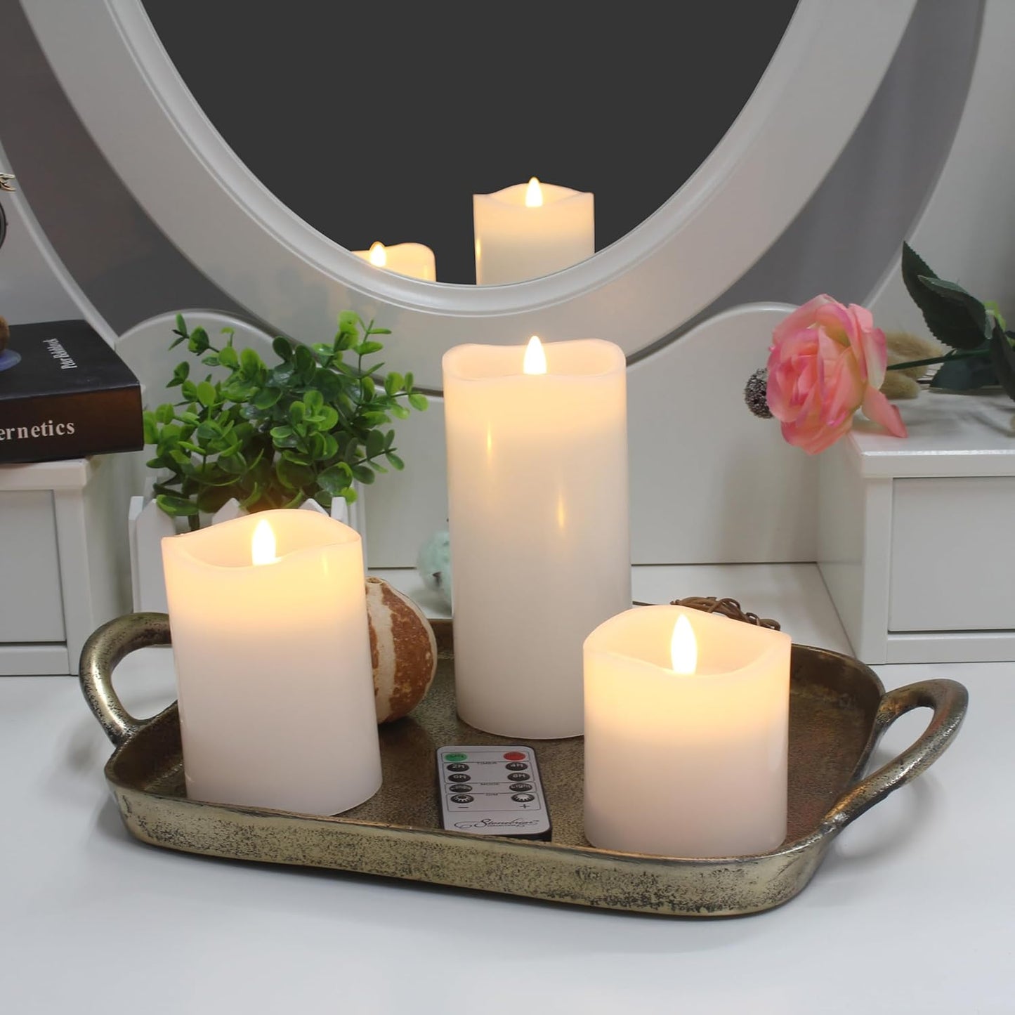 Stonebriar 3 Pack White Real Wax Assorted Size Flameless LED Pillar Candles with Remote and Timer