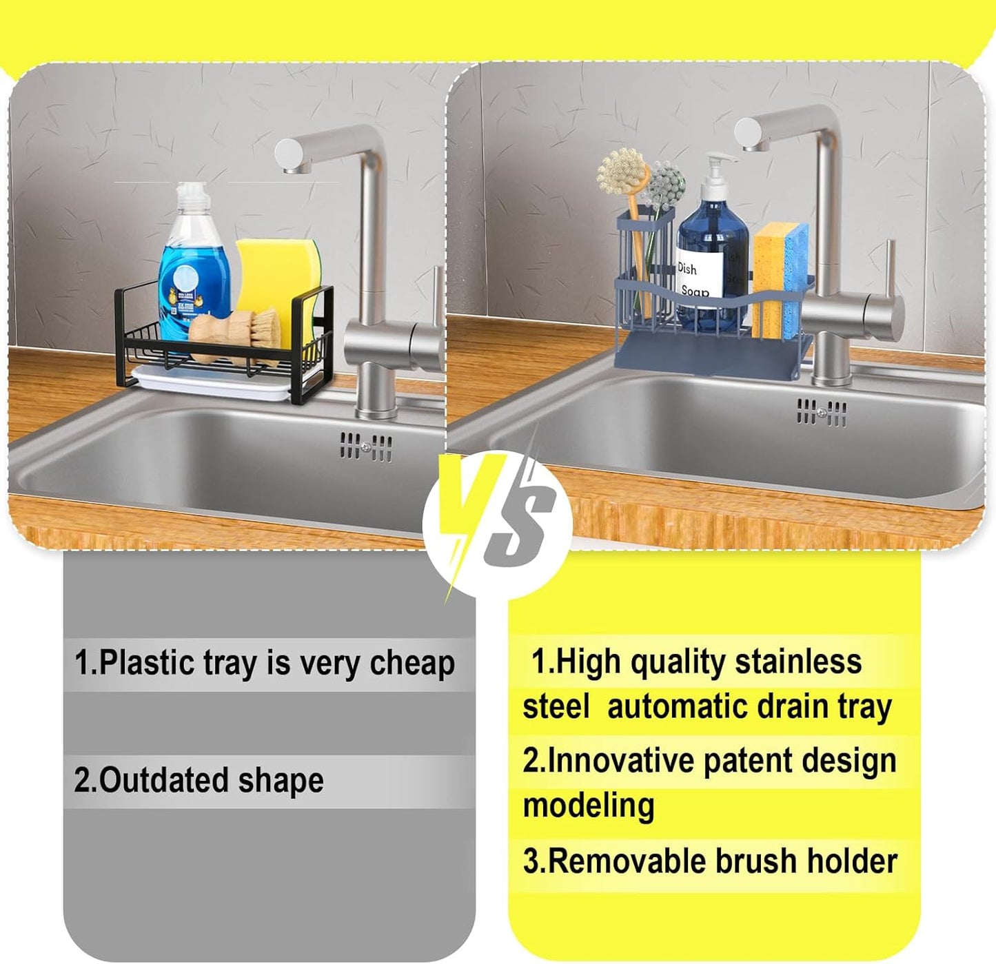 Maifan Sink Caddy Sponge Holder for Kitchen with Brush Holder and Stainless Steel Self Drain Tray, Rustproof Kitchen Sink Organizer for Sponge, Soap Dispenser Storage Accessories (Lacquer Silver)