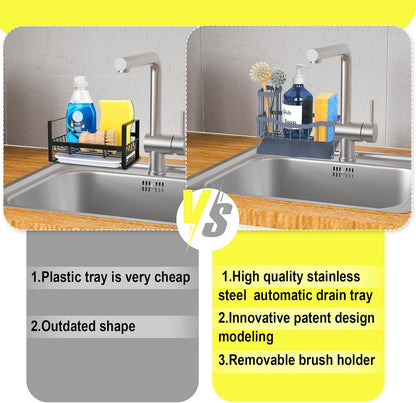 Maifan Sink Caddy Sponge Holder for Kitchen with Brush Holder and Stainless Steel Self Drain Tray, Rustproof Kitchen Sink Organizer for Sponge, Soap Dispenser Storage Accessories (Lacquer Silver)