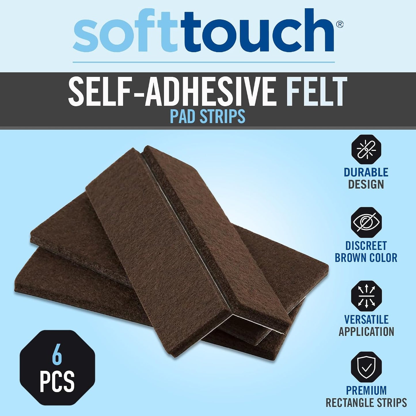 SoftTouch 1" x 4" Heavy-Duty Furniture Slider Felt Strips for Hard Surfaces, Adhesive Felt Tape Furniture Moving Pads for Beds, Sofas, Dressers, Set of 6, Brown