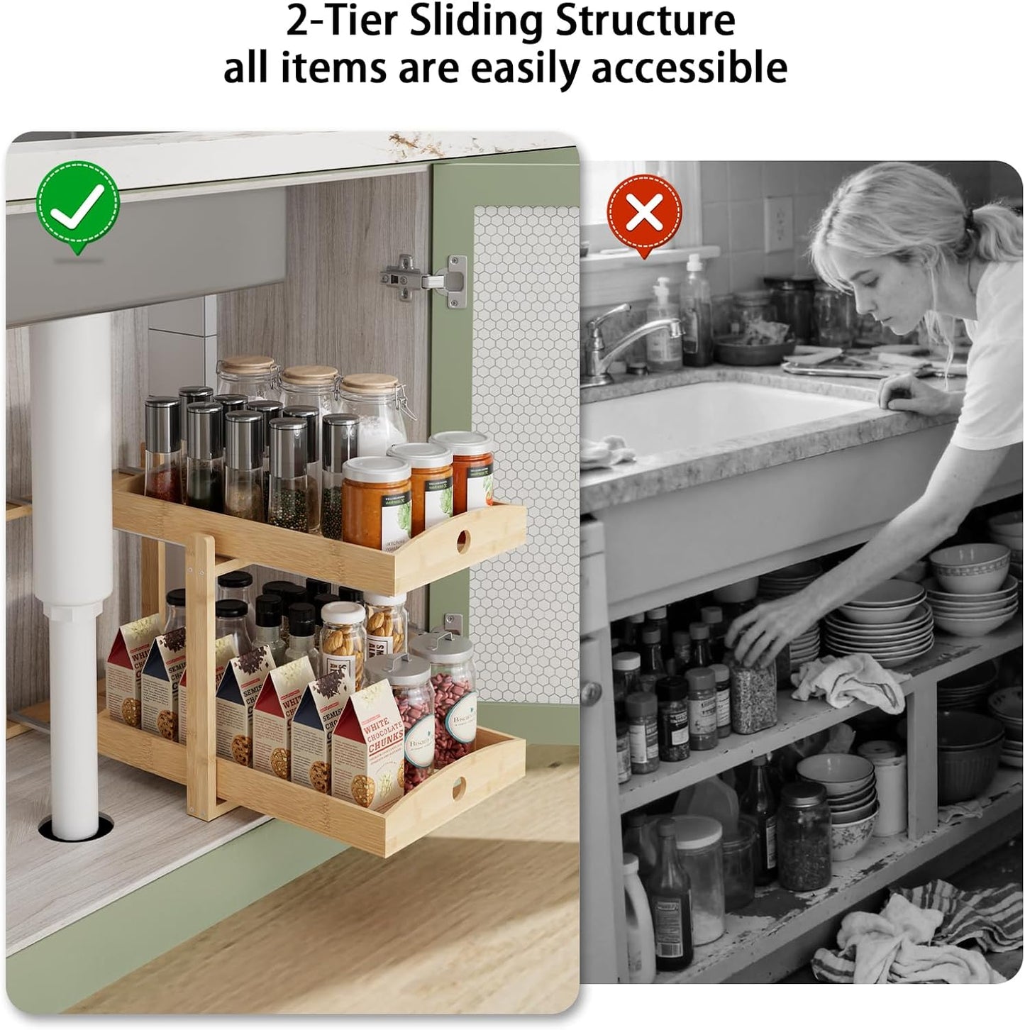 APRTAT 2 Pack Under Sink Organizer, Bamboo Wooden 2-Tier Pull-Out Storage with Sliding Drawers for Kitchen and Bathroom Cabinets, Easy Installation (Natural)
