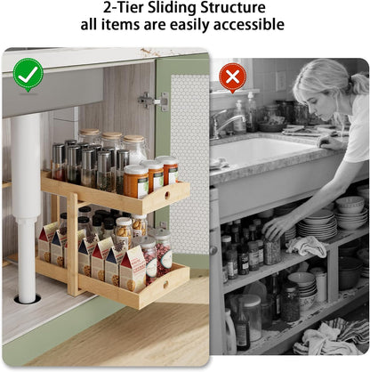 APRTAT 2 Pack Under Sink Organizer, Bamboo Wooden 2-Tier Pull-Out Storage with Sliding Drawers for Kitchen and Bathroom Cabinets, Easy Installation (Natural)