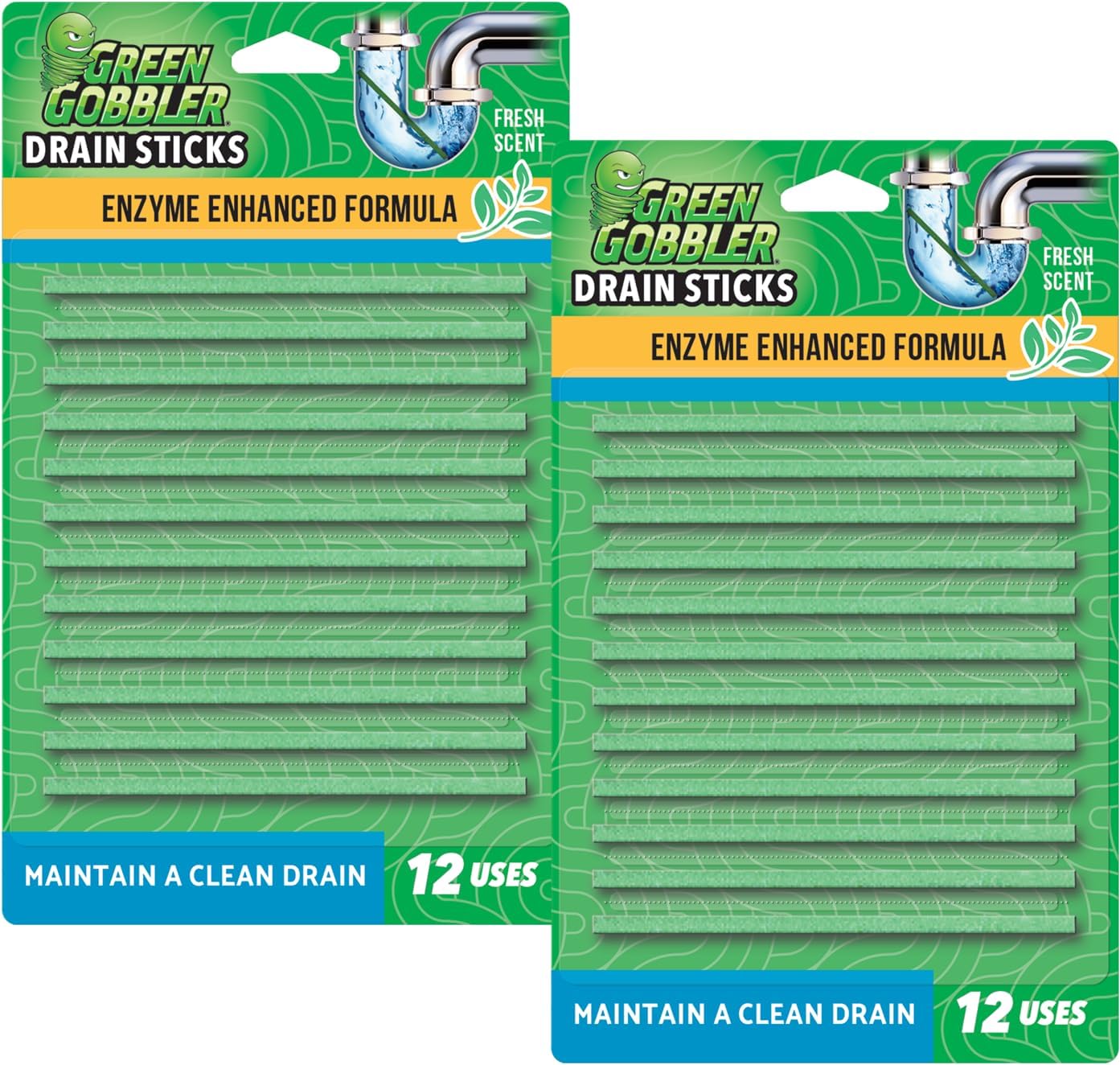 Green Gobbler Drain Cleaner and Deodorizer Sticks with Enzymes - Maintain a Clean Drain, Safe for Pipes and Septic Tanks, Use Monthly - 12 Pack