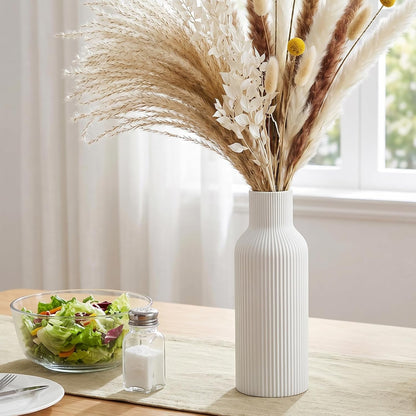 White Ceramic Flower Vases Set of 3, Modern Matte Vertical Ribbed, Nordic Minimalist Decor for Pampas, Dried & Fresh Flowers, Centerpiece for Living Room, Shelf, Entryway, Wedding,Office