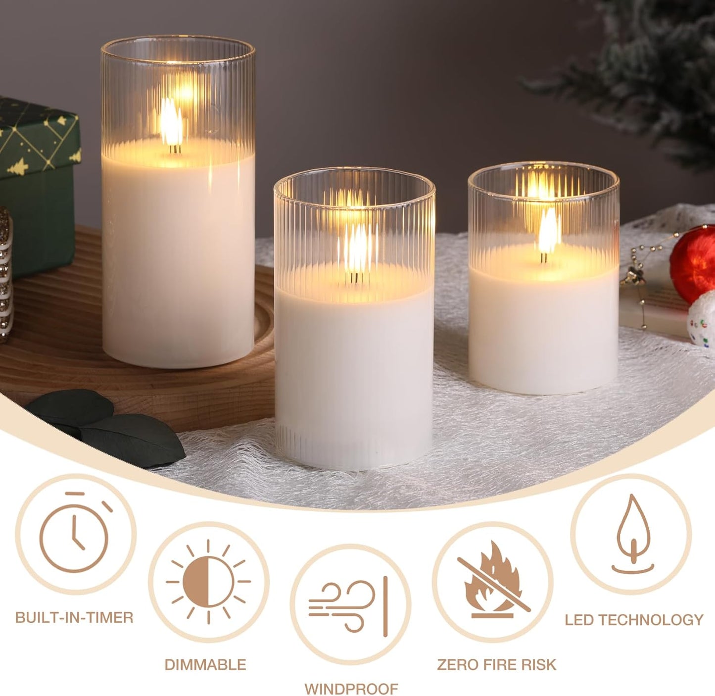 Eywamage Smoke Grey Ribbed Glass Flameless Pillar Candles with Remote, Flickering LED Wax Candles Battery Operated Set of 3