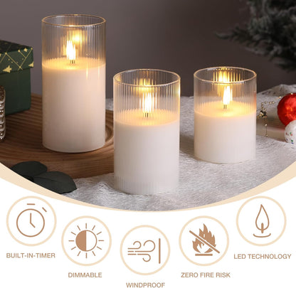 Eywamage Smoke Grey Ribbed Glass Flameless Pillar Candles with Remote, Flickering LED Wax Candles Battery Operated Set of 3