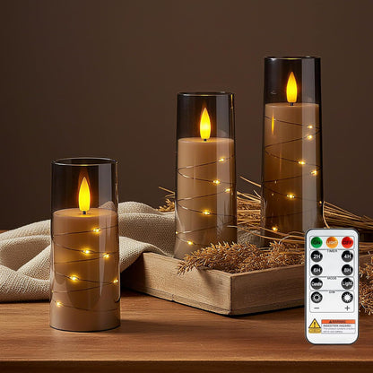 Raycare Flameless Candle with Remote Timer, 3 Flickering Acrylic Battery Operated LED Pillar Candles with Embedded Star String for Christmas, Wedding, Home Table Decor, and as a Gift (Ivory White)