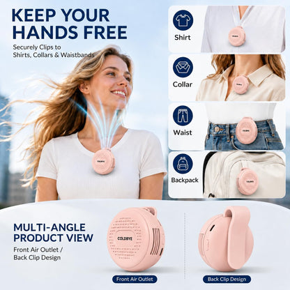 ColdBye Bladeless Shirt Clip Fan for Waist & Clothing, Wearable Personal Cooling Fan with 3 Speeds, USB-C Rechargeable Hands-Free Mini Portable Fan for Work, Travel, Camping & Outdoor Activities
