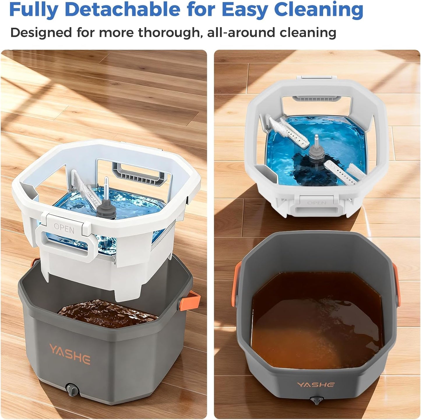 YASHE Spin Mop and Bucket System with True Clean Water Separation, Innovative Detachable Inner Clean Water Bucket for Easy Rinsing, Hands-Free Wringing Floor Mop with 2 Washable Microfiber Pads