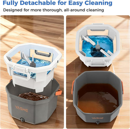 YASHE Spin Mop and Bucket System with True Clean Water Separation, Innovative Detachable Inner Clean Water Bucket for Easy Rinsing, Hands-Free Wringing Floor Mop with 2 Washable Microfiber Pads