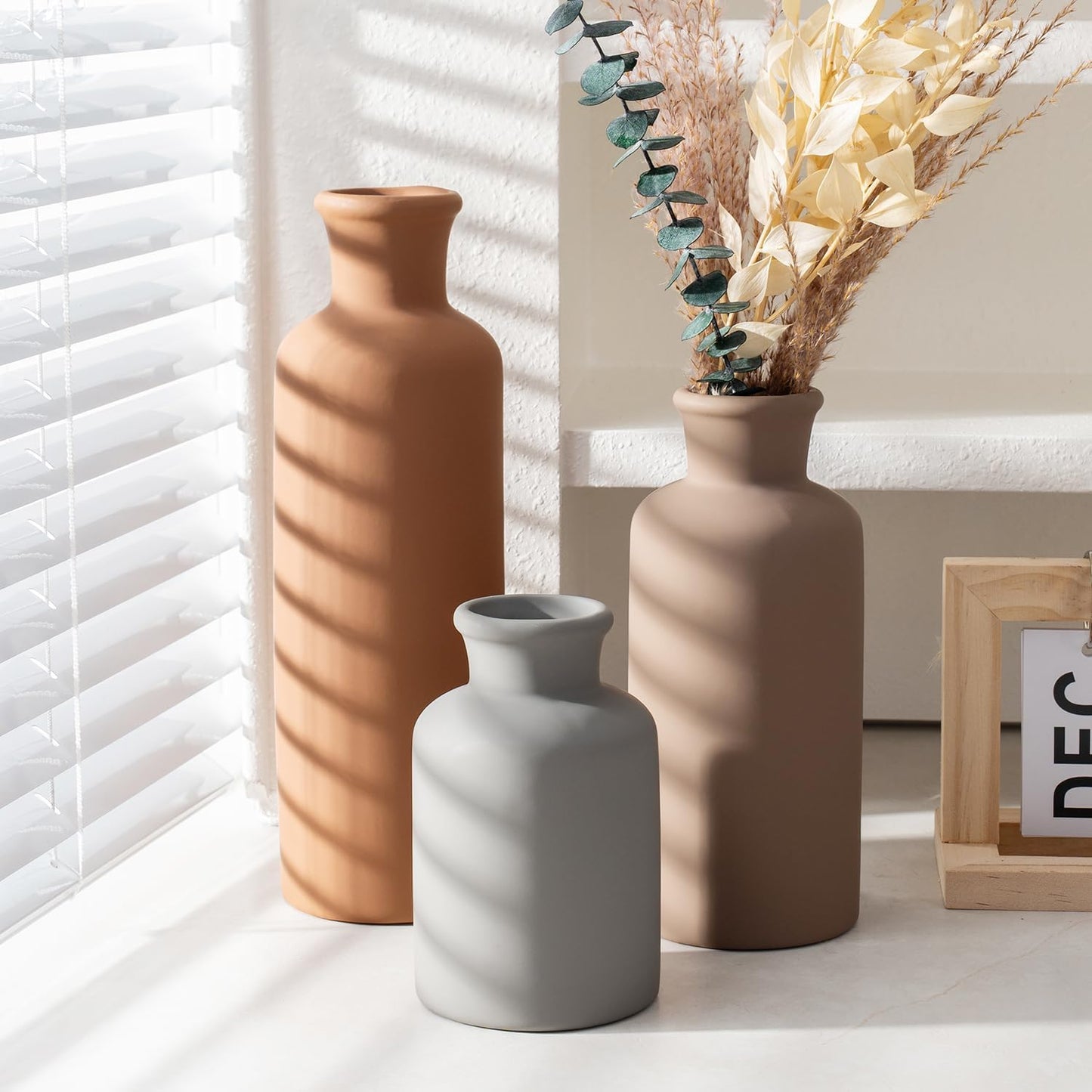 Ceramic Vase Set of 3, Modern Minimalist Neutral Home Decor, Boho Rustic Farmhouse Decorative Vases for Pampas Grass Dried Flowers | Table Centerpiece Entryway Mantel Bookshelf(Black Mix Set - Gray#1)