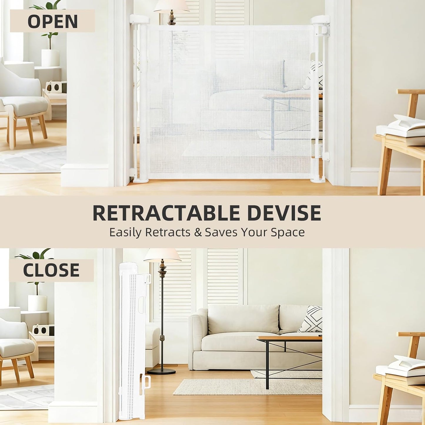 Retractable Baby Gate, 55 in Wide x 33 in Tall Mesh Dog Gate, Hardware Mounted Safety Gate with Double Lock for Doorways, Hallways, Indoor Outdoor, White