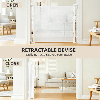 Retractable Baby Gate, 55 in Wide x 33 in Tall Mesh Dog Gate, Hardware Mounted Safety Gate with Double Lock for Doorways, Hallways, Indoor Outdoor, White