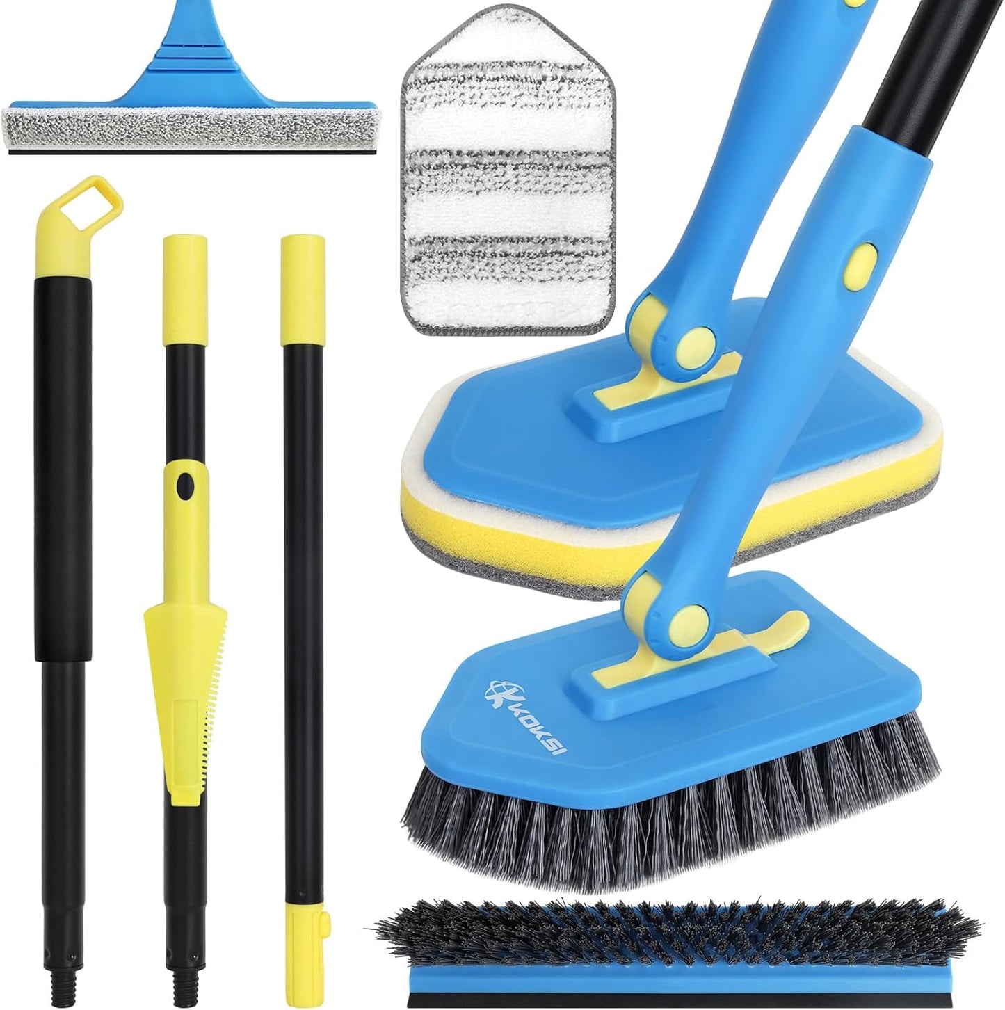 Tile Tub Scrubber Brush with 5 Different Function Cleaning Heads and 51" Extendable Long Handle Non Scratch Shower Scrubber for Cleaning Bathroom Kitchen Toilet Wall Bathtub