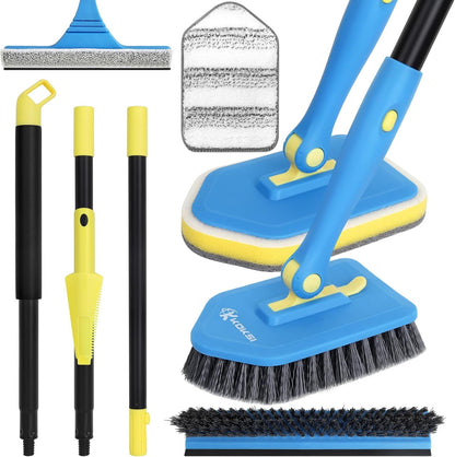 Tile Tub Scrubber Brush with 5 Different Function Cleaning Heads and 51" Extendable Long Handle Non Scratch Shower Scrubber for Cleaning Bathroom Kitchen Toilet Wall Bathtub