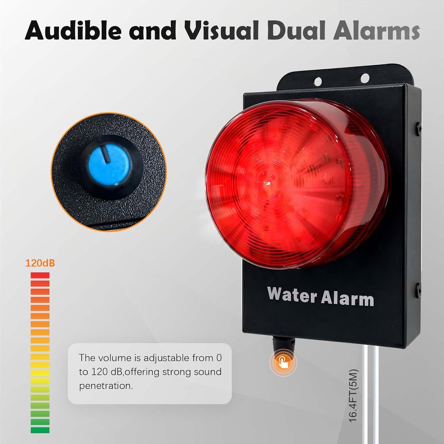 Water Level Leak Alarm with 16.4Ft 2 Sensors,120dB Strobe, Metal | 9V Battery-Powered, Dual Sensors Float Switch and Leak Probe, Adjustable Volume, For Sump Pump Dishwasher Under Sink Basement