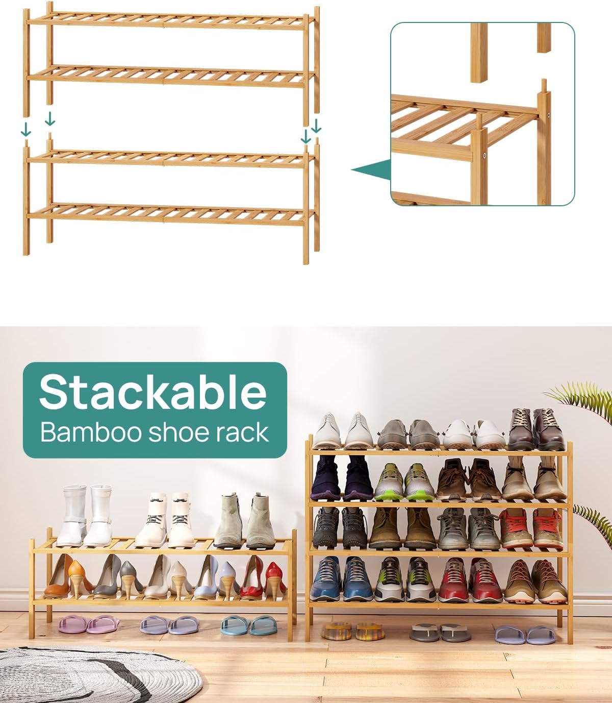 viewcare 3-Tier Black Bamboo Shoe Rack for Entryway, Stackable | Foldable | Natural, Shoe Shelf Storage Organizer for Hallway Closet, Free Standing Shoe Racks for Indoor Outdoor