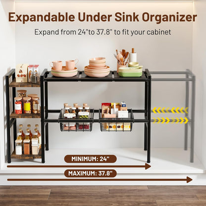 Housolution Expandable Under Sink Cabinet Organizer Rack and Storage Shelf | 24"-37.8" Expandable Length, 3-Tier Side Wooden Shelves, Height Adjustable for Kitchen Bathroom